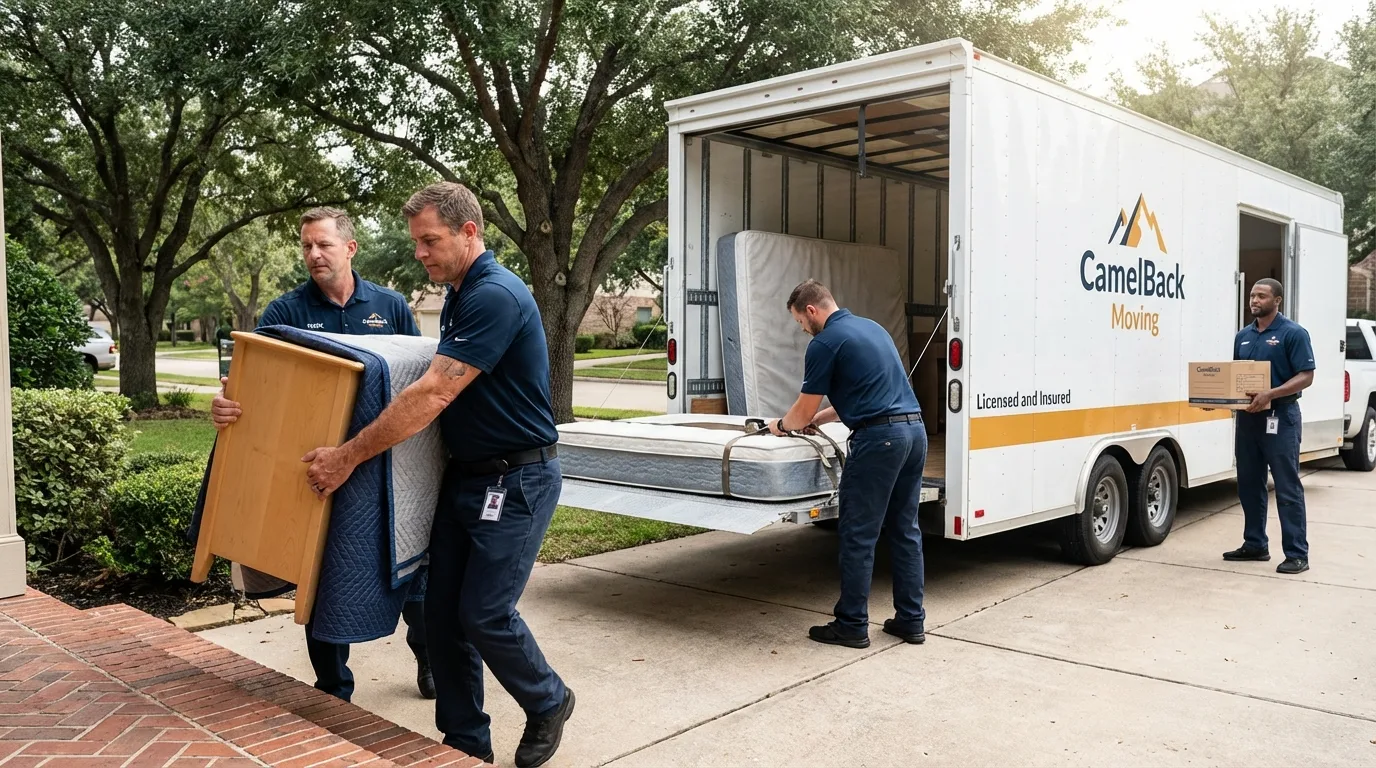 Crew loading residential truck for cross-state move from Newark, TX