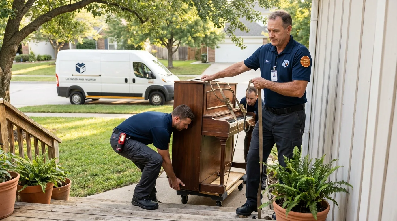 Licensed piano movers securing grand piano in Newark, TX