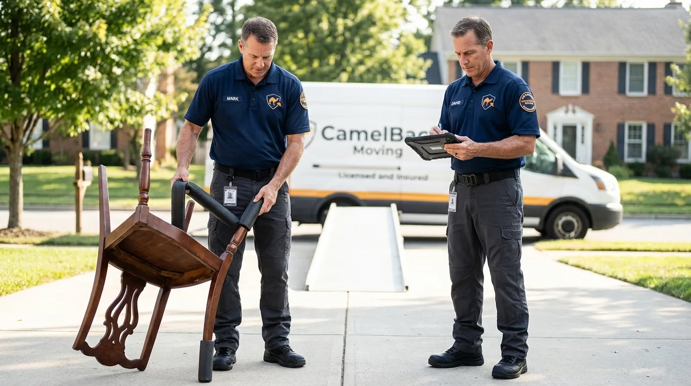Movers inspecting furniture for damage prevention before loading in Newark, TX