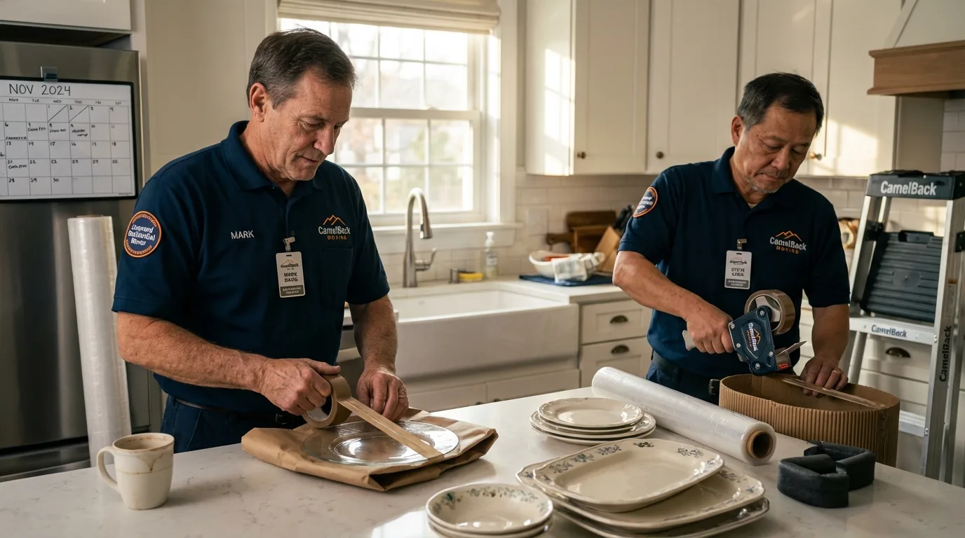 Professional crew packing kitchen dishware in Newark, TX